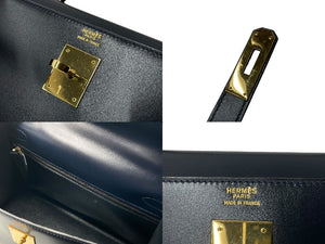 HERMES エルメス ケリー32 外縫い ネイビー ○X刻印 カーフスキン ゴールド金具 ハンドバッグ 2WAY 美品 中古4c063400