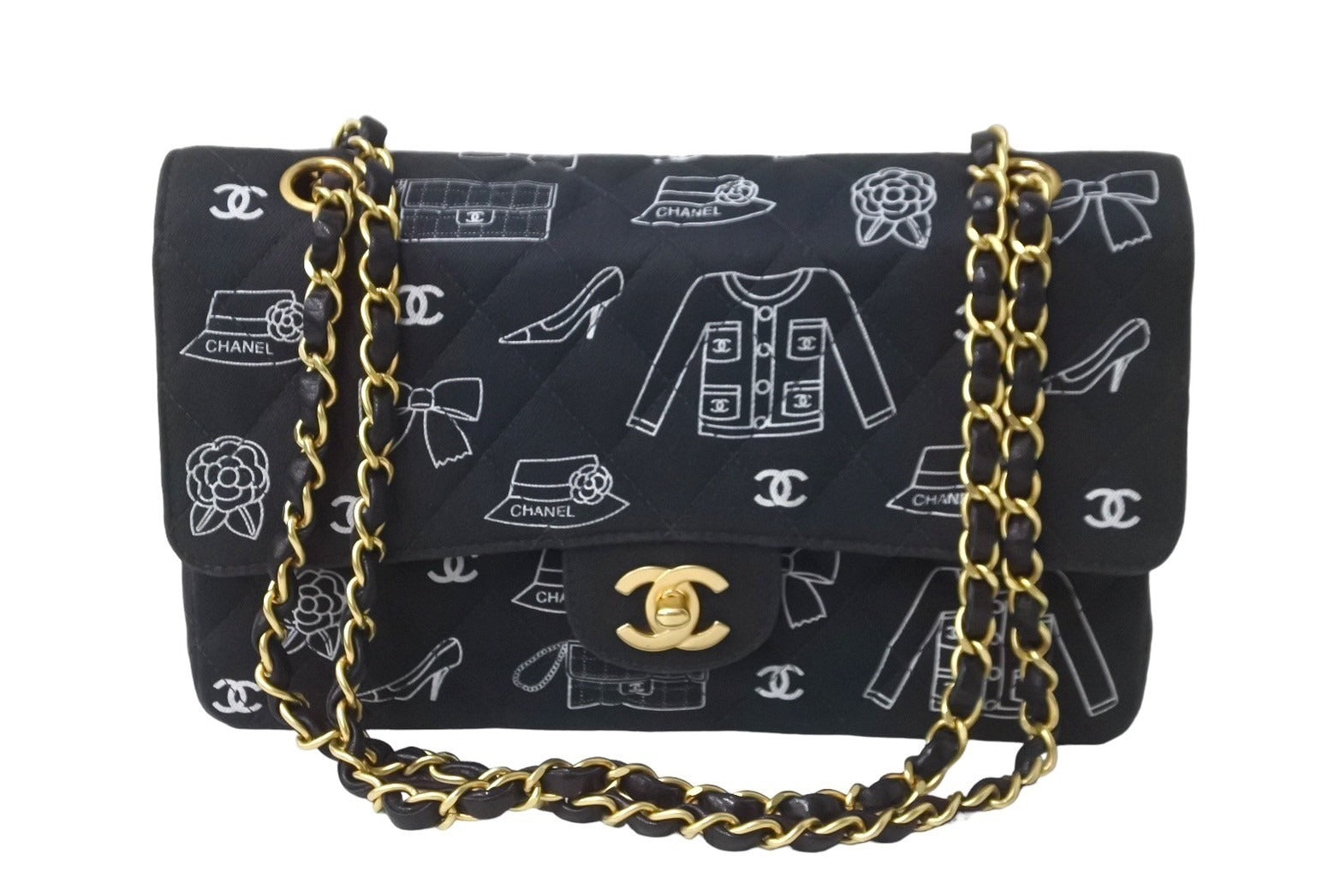 CHANEL シャネル マトラッセ25 Wフラップ チェーンショルダーバッグ 7番台 アイコンプリント ラムスキン ネイビー 美品 中古 64105  – Casanova Vintage