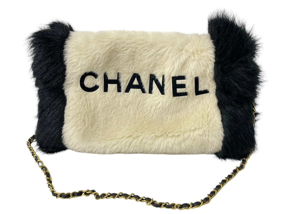 新品同様 CHANEL シャネル ハンドウォーマー チェーンショルダー ラパンファー ホワイト ブラック ゴールド金具 中古 64140