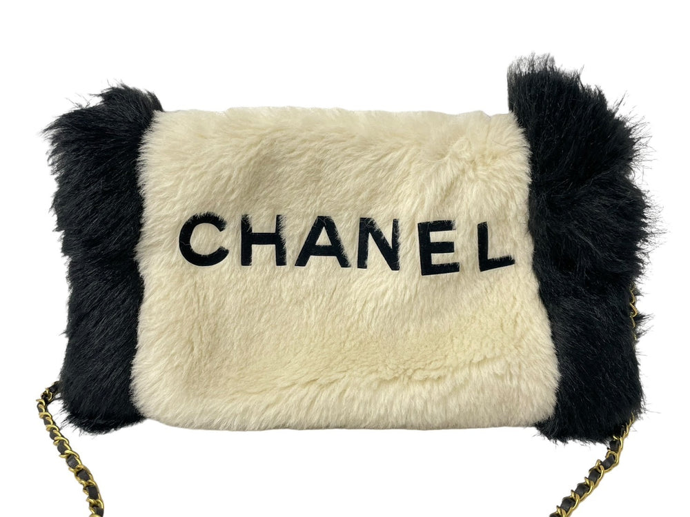新品同様 CHANEL シャネル ハンドウォーマー チェーンショルダー ラパンファー ホワイト ブラック ゴールド金具 中古 64140