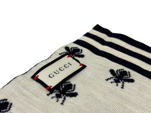 極美品 GUCCI グッチ ストール ビー 蜂柄 総柄 452519 4G200 ウール ネイビー アイボリー 中古 64372