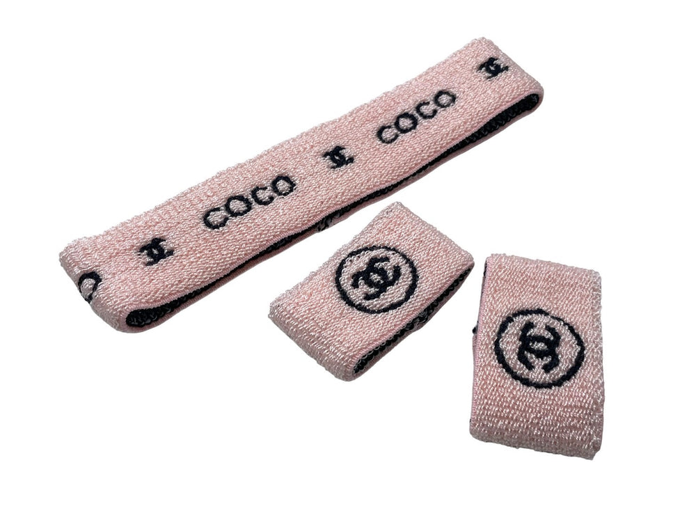 極美品 CHANEL シャネル ヘアバンド リストバンド セット ココマーク 2002年クルーズコレクション ピンク ブラック 中古 64428