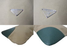 Load image into Gallery viewer, PRADA プラダ 巾着 ポーチ ベージュ グリーン キャンバス レザー トライアングルロゴ 小物入れ 美品 中古 64552