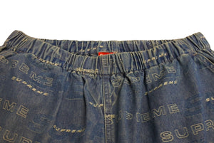 Supreme シュプリーム 19FW ロゴ デニムパンツ ブルー 青 Dimensions Logo Denim Skate Pants ボトムス 総柄 サイズL 美品 中古 64712