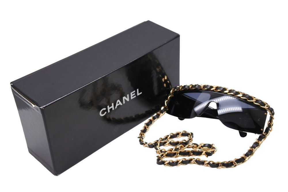 CHANEL Chain Sunglasses Coco Mark 01456 94305 Leather Metal GP Black Good Condition Used 64789
