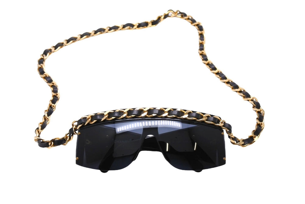 CHANEL Chain Sunglasses Coco Mark 01456 94305 Leather Metal GP Black Good Condition Used 64789