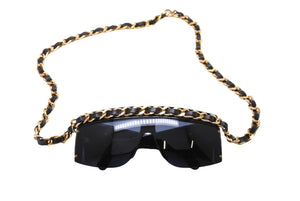 CHANEL Chain Sunglasses Coco Mark 01456 94305 Leather Metal GP Black Good Condition Used 64789
