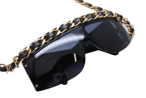 CHANEL Chain Sunglasses Coco Mark 01456 94305 Leather Metal GP Black Good Condition Used 64789
