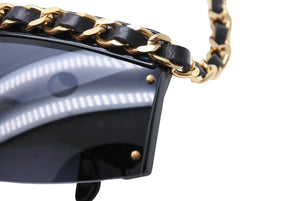 CHANEL Chain Sunglasses Coco Mark 01456 94305 Leather Metal GP Black Good Condition Used 64789