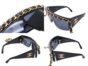 CHANEL Chain Sunglasses Coco Mark 01456 94305 Leather Metal GP Black Good Condition Used 64789