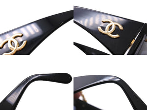 CHANEL Chain Sunglasses Coco Mark 01456 94305 Leather Metal GP Black Good Condition Used 64789