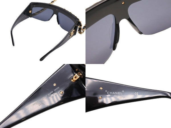 CHANEL Chain Sunglasses Coco Mark 01456 94305 Leather Metal GP Black Good Condition Used 64789