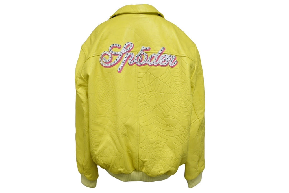 極美品 Sp5der スパイダー デボスウェブ レザージャケット 24SS サイズ3 イエロー Young Thug 革 エンボス加工 中古 64933