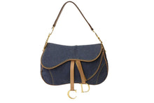 Load image into Gallery viewer, Christian Dior クリスチャンディオール ワンショルダーバッグ ダブルサドル デニム ブラウン ネイビー ゴールド金具 美品 中古 65087