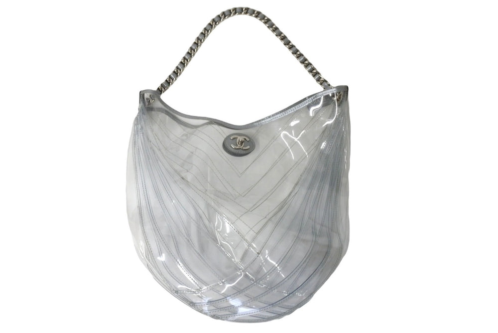 CHANEL シャネル ワンショルダーバッグ チェーンショルダー 25番台 ココマーク Vステッチ ビニール レザー シルバー 美品 中古 65103