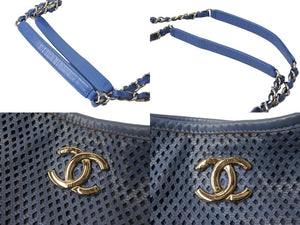 CHANEL シャネル パンチングレザー チェーン トートバッグ ココマーク 17番台 ブルー シルバー金具 ロゴ 肩掛け 美品 中古 65149