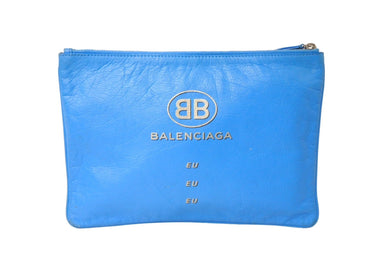 BALENCIAGA バレンシアガ スーパーマーケット クラッチバッグ 528147 レザー ブルー グレー シルバー金具 美品 中古 65324
