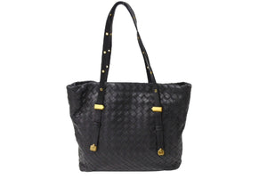 BOTTEGA VENETA ボッテガヴェネタ イントレチャート ハンドバッグ 162937 V00A2 1000 レザー ブラック ゴールド 美品 中古 65338