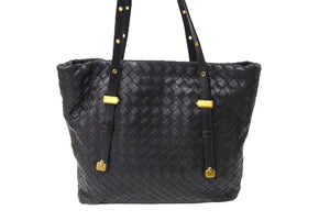 BOTTEGA VENETA ボッテガヴェネタ イントレチャート ハンドバッグ 162937 V00A2 1000 レザー ブラック ゴールド 美品 中古 65338