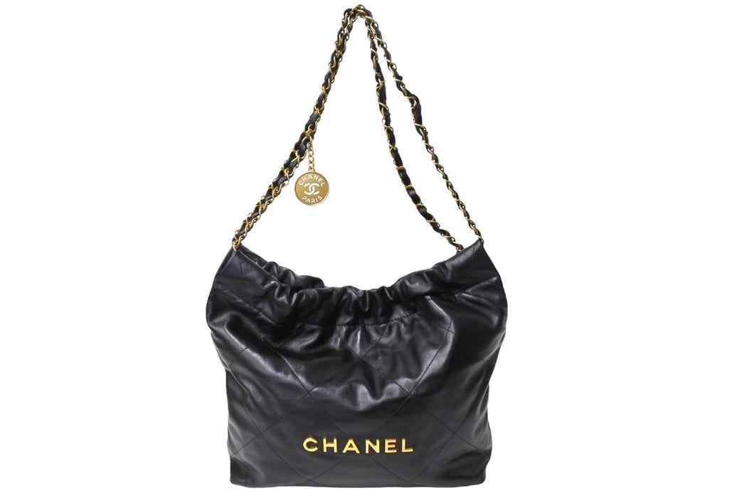 CHANEL シャネル 22 ハンドバッグ AS3260 プレート ブラック カーフ ゴールド金具 美品 中古 65416