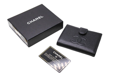 極美品 CHANEL シャネル ココマーク 二つ折り財布 がま口 キャビアスキン 6番台 ゴールド金具 ブラック 中古 65547