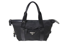 画像をギャラリービューアに読み込む, PRADA プラダ トライアングルロゴ ハンドバッグ テスートナイロン レザー イタリア製 ブラック シルバー金具 美品 中古 65551