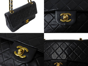 CHANEL シャネル チェーンショルダーバッグ Wフラップ マトラッセ 23cm ココマーク ラムスキン 1番台 ブラック ゴールド金具 美品 中古 65597