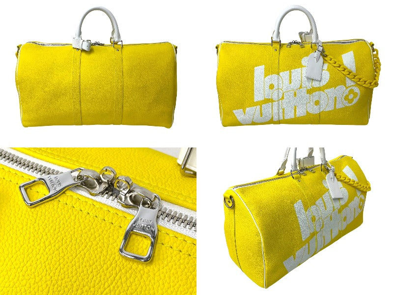 極美品 LOUIS VUITTON ルイヴィトン キーポル バンドリエール50 ボストンバッグ M58748 エブリデイLV グレインレザー イエロー 中古 65619