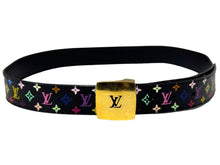 Load image into Gallery viewer, LOUIS VUITTON ルイヴィトン モノグラムマルチカラー サンチュール キャレ ベルト Ｍ6890 ブラック PVC ロゴ 村上隆 小物 85/34 美品 中古 65738