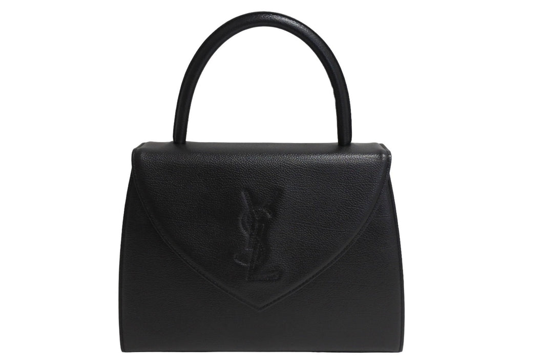 極美品 YVES SAINT LAURENT イヴサンローラン レザー ハンドバッグ ブラック ロゴ 手持ち ゴールド金具 中古 66121