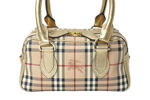 BURBERRY バーバリー ミニボストンバッグ ハンドバッグ シャドーホース ノバチェック ベージュ ゴールド金具 美品 中古 66157