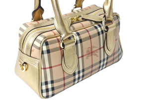 BURBERRY バーバリー ミニボストンバッグ ハンドバッグ シャドーホース ノバチェック ベージュ ゴールド金具 美品 中古 66157