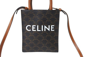 極美品 CELINE セリーヌ ハンドバッグ トリオンフ柄 194372BZK.04LU ミニバーティカルカバ キャンバス ブラウン 中古 66270