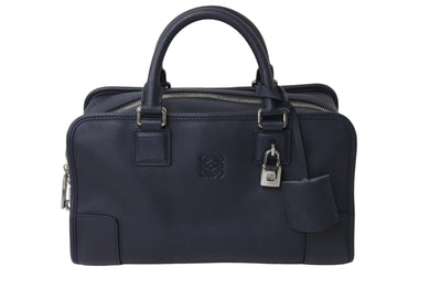 LOEWE ロエベ ハンドバッグ 352.79.A03 カーフスキン ネイビー ロゴ エンボス加工 シルバー金具 美品 中古 66273