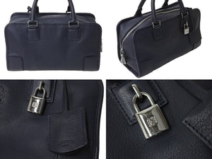 LOEWE ロエベ ハンドバッグ 352.79.A03 カーフスキン ネイビー ロゴ エンボス加工 シルバー金具 美品 中古 66273