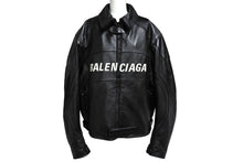 画像をギャラリービューアに読み込む, 極美品 BALENCIAGA バレンシアガ ロゴバイカージャケット ライダース 20AW 594594 レザー ブラック ホワイト サイズ48 中古 66307
