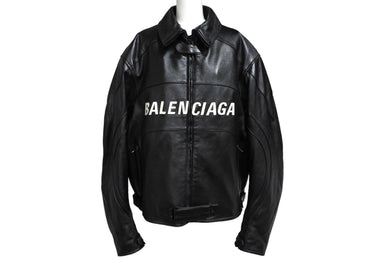 極美品 BALENCIAGA バレンシアガ ロゴバイカージャケット ライダース 20AW 594594 レザー ブラック ホワイト サイズ48 中古 66307