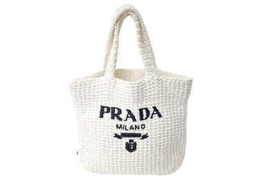 PRADA プラダ スモール クロシェ トートバッグ 1BG422 トライアングルロゴ ラフィア ホワイト ブラック ロゴ 美品 中古 66324