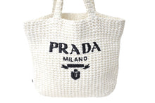 Load image into Gallery viewer, PRADA プラダ スモール クロシェ トートバッグ 1BG422 トライアングルロゴ ラフィア ホワイト ブラック ロゴ 美品 中古 66324