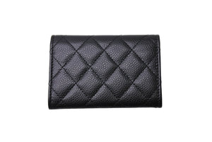 CHANEL シャネル カードケース ココマーク フラップ 26番台 キャビアスキン マトラッセ シルバー金具 ブラック 美品 中古 66336