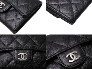 CHANEL シャネル カードケース ココマーク フラップ 26番台 キャビアスキン マトラッセ シルバー金具 ブラック 美品 中古 66336