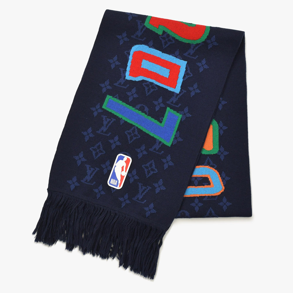 新品同様 LOUIS VUITTON ルイヴィトン 21AW エシャルプ NBA モノグラム レターズ マフラー MP3033 ネイビー マルチカラー 中古 4a006634