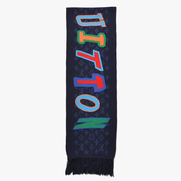 新品同様 LOUIS VUITTON ルイヴィトン 21AW エシャルプ NBA モノグラム レターズ マフラー MP3033 ネイビー マルチカラー 中古 4a006634