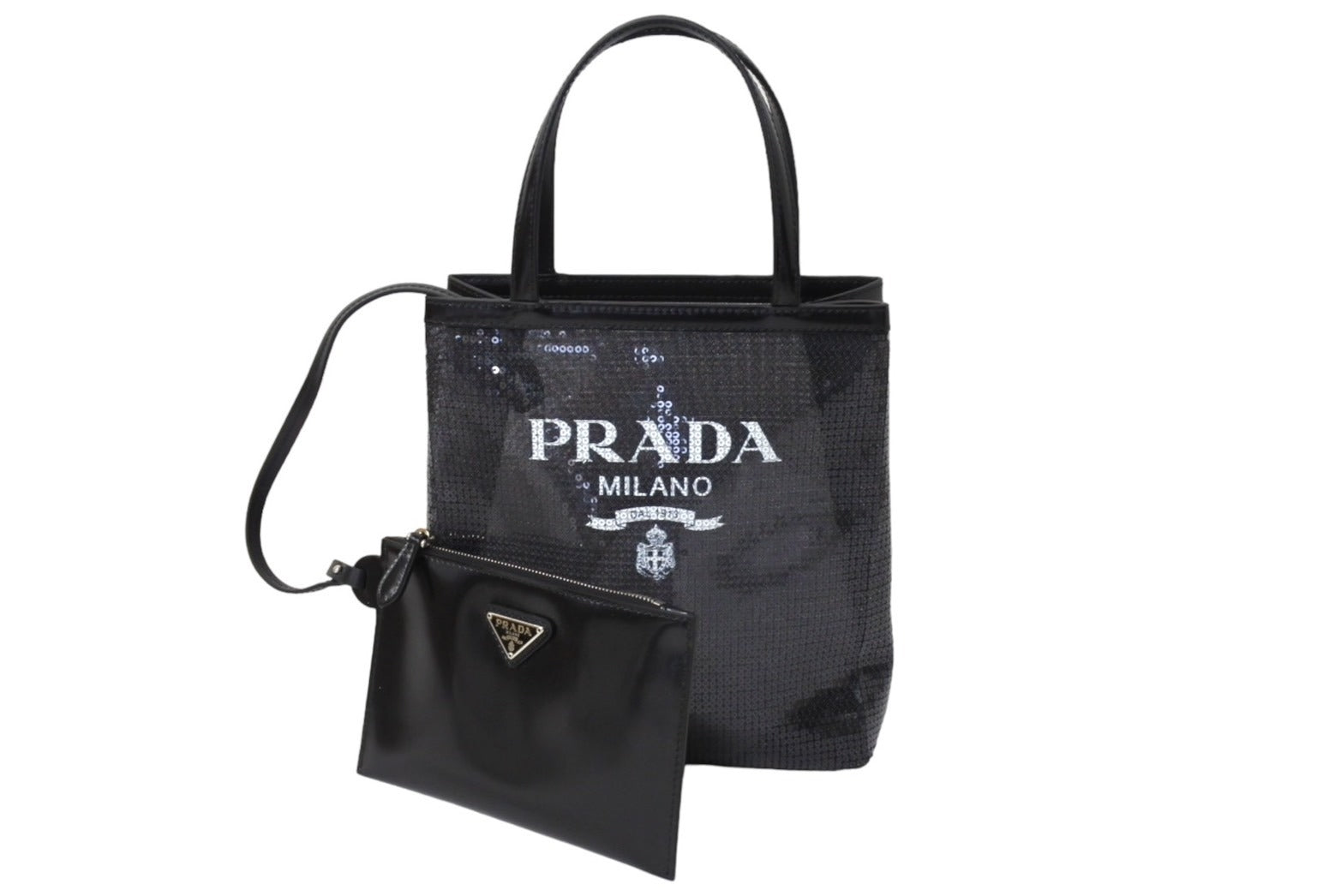 PRADA プラダ トートバッグ ハンドバッグ スパンコール メッシュ イタリア製 1BG417 ブラック ホワイト 美品 中古 66391 –  Casanova Vintage