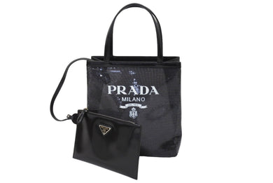 PRADA プラダ トートバッグ ハンドバッグ スパンコール メッシュ イタリア製 1BG417 ブラック ホワイト 美品 中古 66391