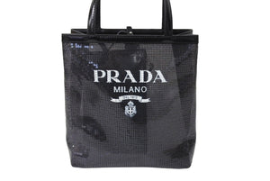 PRADA プラダ トートバッグ ハンドバッグ スパンコール メッシュ イタリア製 1BG417 ブラック ホワイト 美品 中古 66391