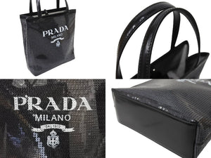 PRADA プラダ トートバッグ ハンドバッグ スパンコール メッシュ イタリア製 1BG417 ブラック ホワイト 美品 中古 66391