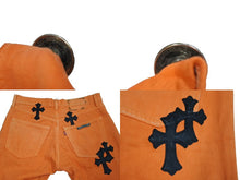 画像をギャラリービューアに読み込む, ChromeHearts クロムハーツ ギャラリーデプト リーバイス クロスパッチフレアデニムパンツ オレンジ サイズ28 美品 中古 66398