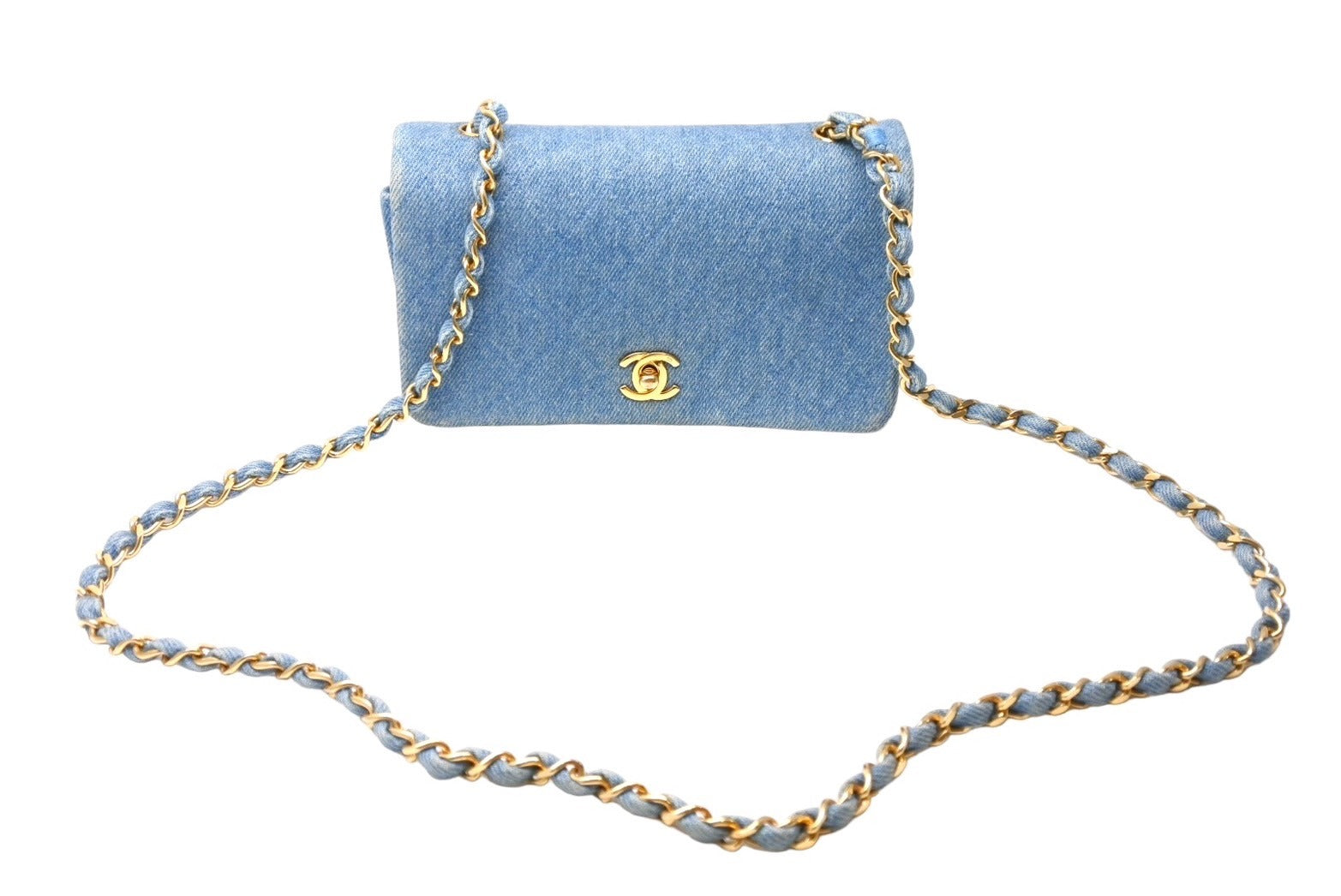 CHANEL シャネル デニム チェーン ミニ ショルダーバッグ ブルー フルフラップ ココマーク ロゴ ゴールド金具 美品 中古 66516 –  Casanova Vintage