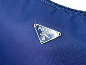 極美品 PRADA プラダ ハンドバッグ MV515 ホーボー ミニバッグポーチ 三角ロゴ ナイロン ブルー シルバー金具 中古 66549